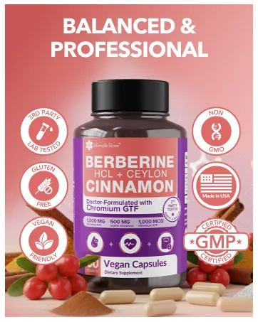 Intimate Rose Berberine with Ceylon Cinnamon & Chromium Supplement - 1500mg Complex for Blood Sugar & Immune System Support, 90 Capsules - Berberine with Ceylon Cinnamon