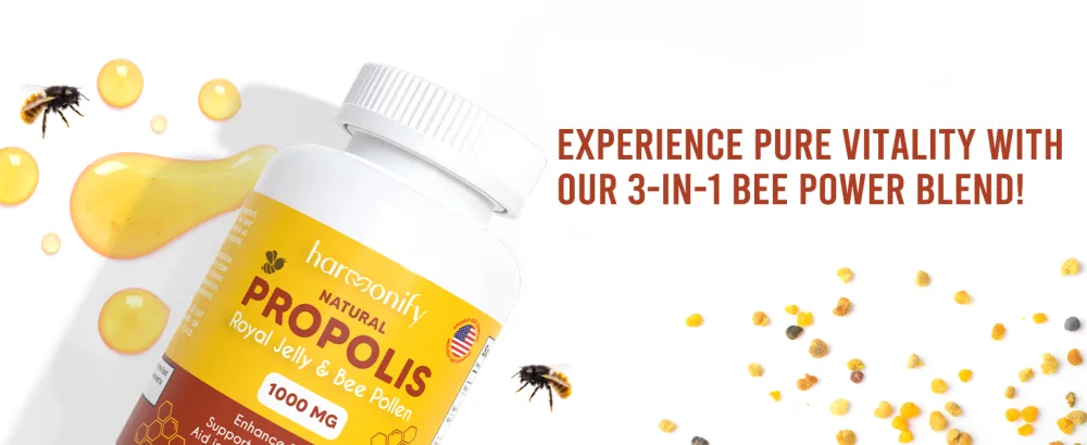 HARMONIFY Bee Pollen Propolis Royal Jelly Extract with Carob, Pure Immune Support Supplement, Gluten-Free, Vegetarian Capsules, 1000 mg - propolis royal jelly bee pollen 1000 mg capsule