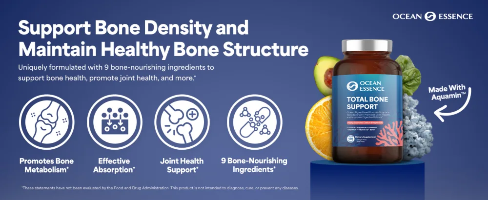 OCEAN ESSENCE Total Bone Support - Plant-Based Algae Calcium Supplement for Supporting Bone Density & Strength - for Men & Women 35+ - 120 Natural Calcium Capsules - Vitamins for Optimal Health 1-pack - Ocean Essence Total Bone Support