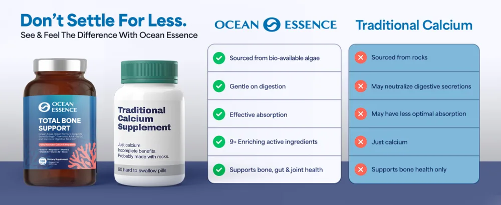 OCEAN ESSENCE Total Bone Support - Plant-Based Algae Calcium Supplement for Supporting Bone Density & Strength - for Men & Women 35+ - 120 Natural Calcium Capsules - Vitamins for Optimal Health 1-pack - Ocean Essence Total Bone Support