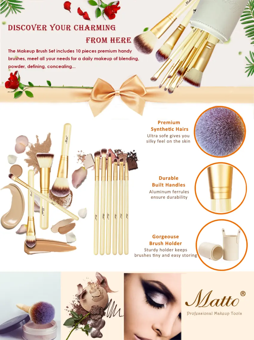 Matto Makeup Brushes 10-Piece Golden Makeup Brush Set with Foundation Powder Mineral Eye Face Make Up Brushes Holder - product information 1