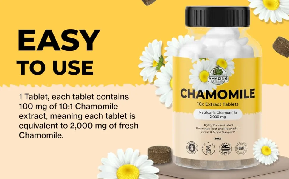 Amazing Botanicals Organic Chamomile Extract Tablets - Matricaria Chamomilla Plant-Based Supplement - 10x Extract 2000 MG Each - Promotes Relaxation - 30 Tablets - chamomile 100mg extract tablets