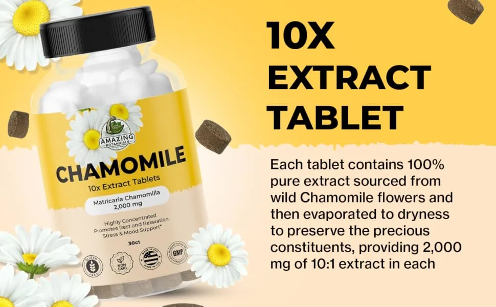 Amazing Botanicals Organic Chamomile Extract Tablets - Matricaria Chamomilla Plant-Based Supplement - 10x Extract 2000 MG Each - Promotes Relaxation - 30 Tablets - chamomile 10x extract tablets