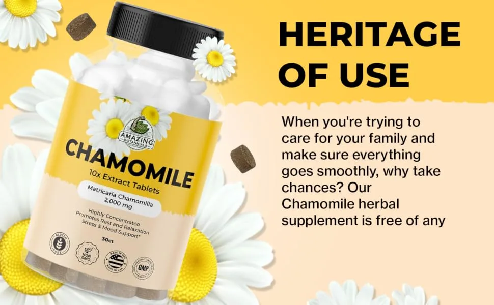 Amazing Botanicals Organic Chamomile Extract Tablets - Matricaria Chamomilla Plant-Based Supplement - 10x Extract 2000 MG Each - Promotes Relaxation - 30 Tablets - chamomile 10x extract tablets