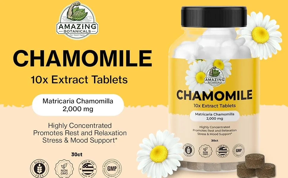 Amazing Botanicals Organic Chamomile Extract Tablets - Matricaria Chamomilla Plant-Based Supplement - 10x Extract 2000 MG Each - Promotes Relaxation - 30 Tablets - chamomile extract tablets
