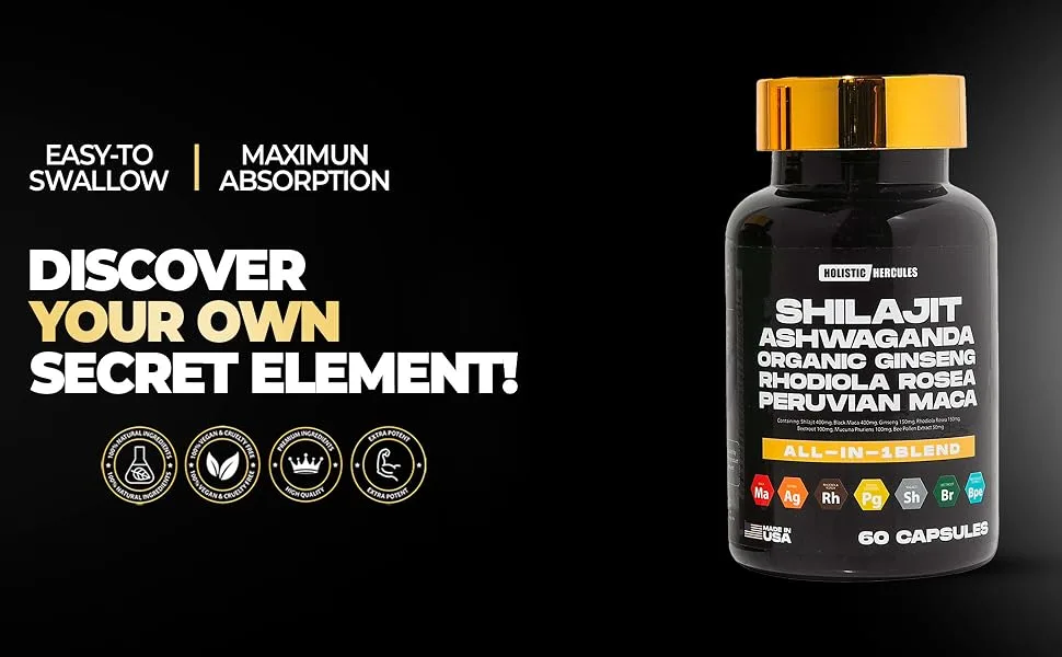 Holistic Hercules Rhino Horn - Vitality Boost - 8 in 1 Potent Shilajit Blend - peruvian maca himalayan shilajit capsules himalayan shilajit organic Shilajit pills holistichercules