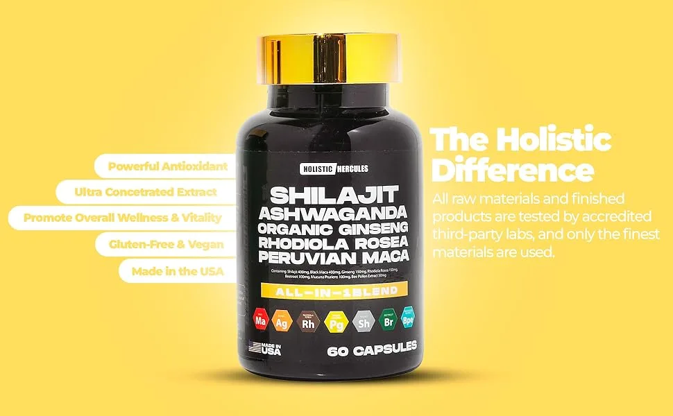 Holistic Hercules Rhino Horn - Vitality Boost - 8 in 1 Potent Shilajit Blend - Powerful Antioxident increase performance supplements resin for men supplement for muscle growth