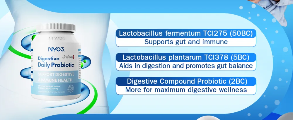 NYO3 Digestive Probiotics 57 Bilion CFU 7 Strains,60 Capsules,Bloat Relief, Supports Digestion & Immune Health - 57 Billion CFU Digestive probiotics