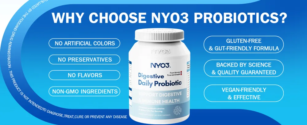 NYO3 Digestive Probiotics 57 Bilion CFU 7 Strains,60 Capsules,Bloat Relief, Supports Digestion & Immune Health - backed by secience probiotics
