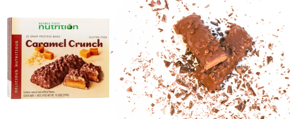 Nutmeg State Nutrition - High Protein Bars, Gluten Free, Low Cholesterol, Low Sodium, Low Sugar, Ideal Protein Compatible, 7 Servings Per Box (Caramel Crunch) - Caramel Crunch Protein Bars