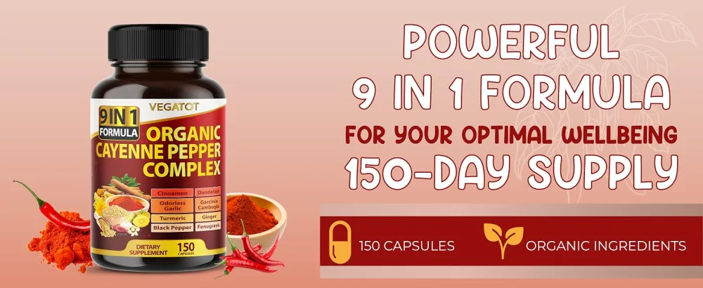 Organic Cayenne Pepper 9IN1 Complex with Cinnamon, Ginger, Turmeric for Overall Health, Immune System, Digestion Wellness (150 Count (Pack of 1)) - vegatot cayenne pepper supplement