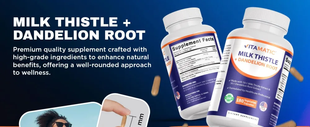Vitamatic Milk Thistle 50:1 Extract 500mg, Dandelion Root 50:1 Extract 100mg, 180 Vegetarian Capsules, Non-GMO, Gluten Free - product information 12