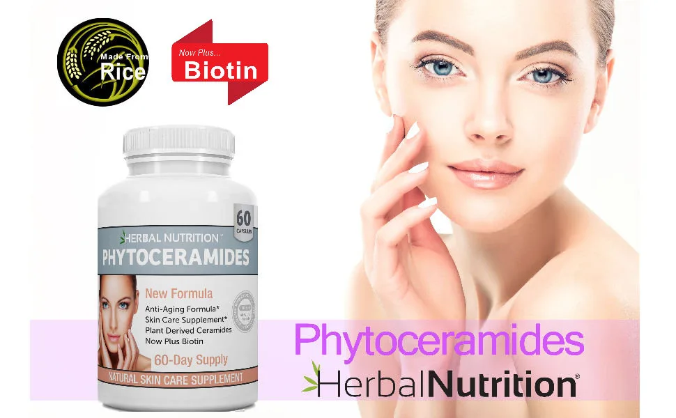 Herbal Nutrition Phytoceramides Rice Based with Biotin Vitamin A C D and E, 4 Bottle Pack 40mg - Herbal Nutrition Phytoceramides