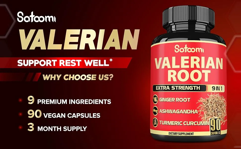 Satoomi Valerian Root Capsules - 9 Natural Herbs - Ashwagandha, Turmeric, Ginger, Ceylon Cinnamon - 90 Caps for 3-Month Supply - S8.EBC-New powder Valerian Root_90caps_4105mg