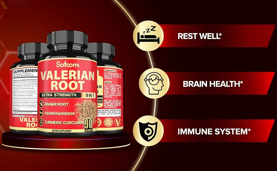 Satoomi Valerian Root Capsules - 9 Natural Herbs - Ashwagandha, Turmeric, Ginger, Ceylon Cinnamon - 90 Caps for 3-Month Supply - S8.EBC-New powder Valerian Root_90caps_4105mg