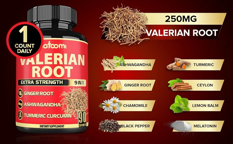 Satoomi Valerian Root Capsules - 9 Natural Herbs - Ashwagandha, Turmeric, Ginger, Ceylon Cinnamon - 90 Caps for 3-Month Supply - S8. Valerian Root - 90caps - 4105mg