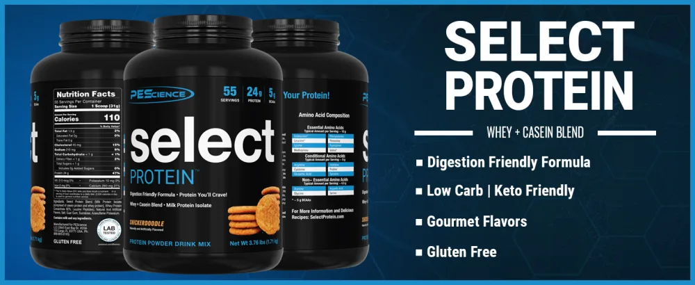 PEScience Select Multi-Purpose Unflavored Protein Powder, Low Carb, Keto Friendly, Gluten Free, Whey and Casein Blend, Protein Powder for Baking and Smoothies - Unflavored - 27 Servings - Select Protein Banner showing key product features, desktop format
