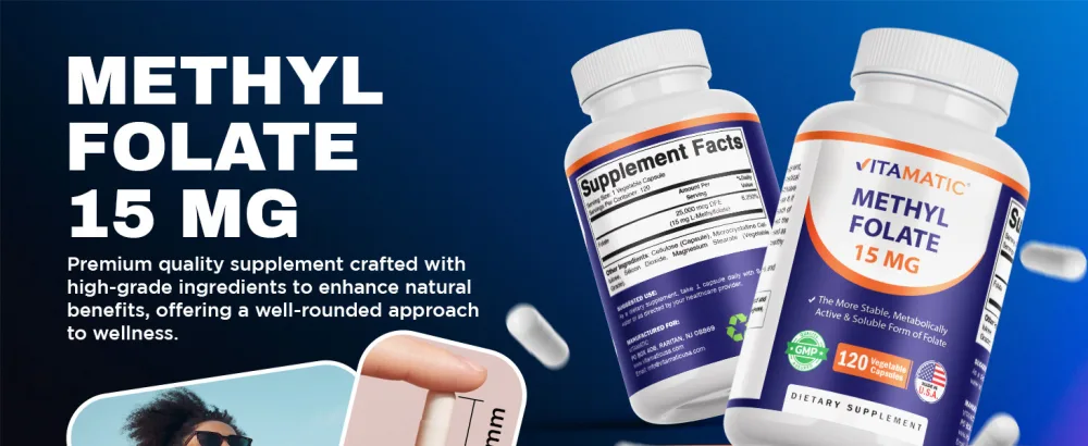 Vitamatic Methyl Folate 15mg 120 Vegetable Capsules - 2 Pack Optimized and Activated High Potency Metabolically Active Folate - product information 12