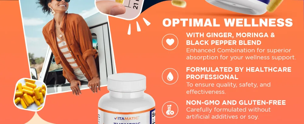 Vitamatic Turmeric Curcumin Supplement (10:1 Equivalent 3000 Per Serving, Made with 95% Curcuminoids, Black Pepper, Ginger, Moringa) 120 Vegetable Capsules, Non-GMO, Gluten Free - 3 Pack - product information 13