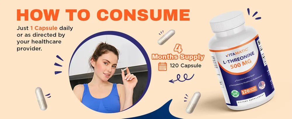 Vitamatic L-Threonine 500mg 120 Vegetable Capsules Promotes Healthy Liver, Cardiovascular & Structural Function - product information 15