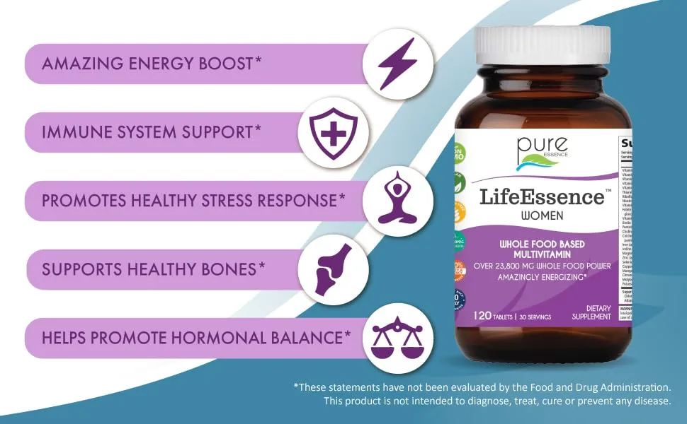 PURE ESSENCE LABS LifeEssence Women's Formula - World's Most Energetic Multiple - The Master Multiple - 120 Tablets - Energy boost, immune system support, healthy stress response, bone health, hormonal balance