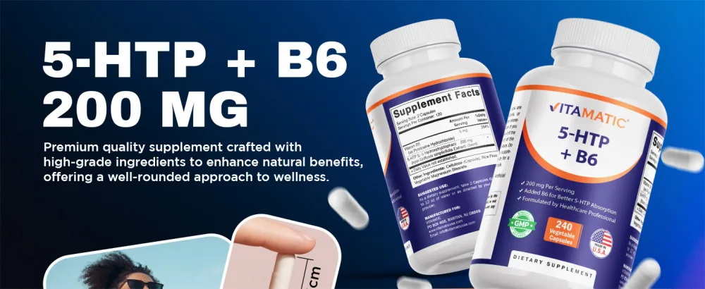 Vitamatic 5-HTP 200mg with B6 5mg Per Serving - 240 Vegetarian Capsules (5-Hydroxytryptophan) - (Griffonia Simplicifolia Seed Extract)- 2 Pack - 5 htp