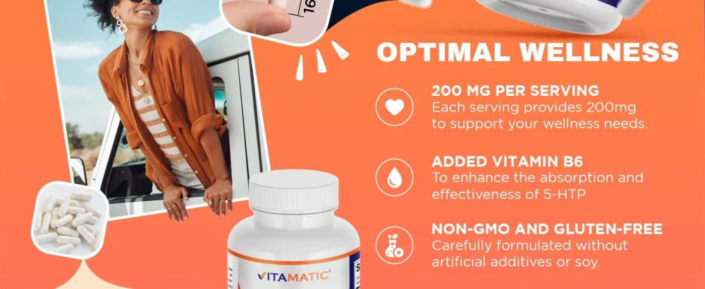Vitamatic 5-HTP 200mg with B6 5mg Per Serving - 240 Vegetarian Capsules (5-Hydroxytryptophan) - (Griffonia Simplicifolia Seed Extract)- 2 Pack - 5 htp capsules