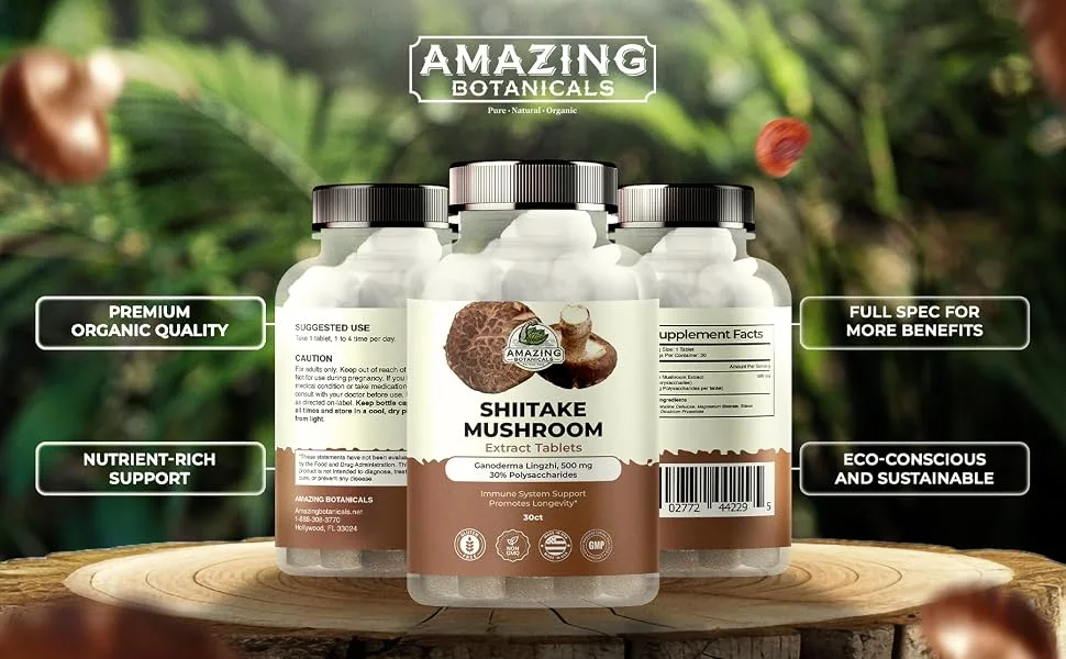 Amazing Botanicals Shiitake Mushroom 500mg Extract Tablets - 30% Polysaccharide - Natural Mushroom Complex for Overall Wellbeing - 30 Count - shiitake mushroom extract tablets