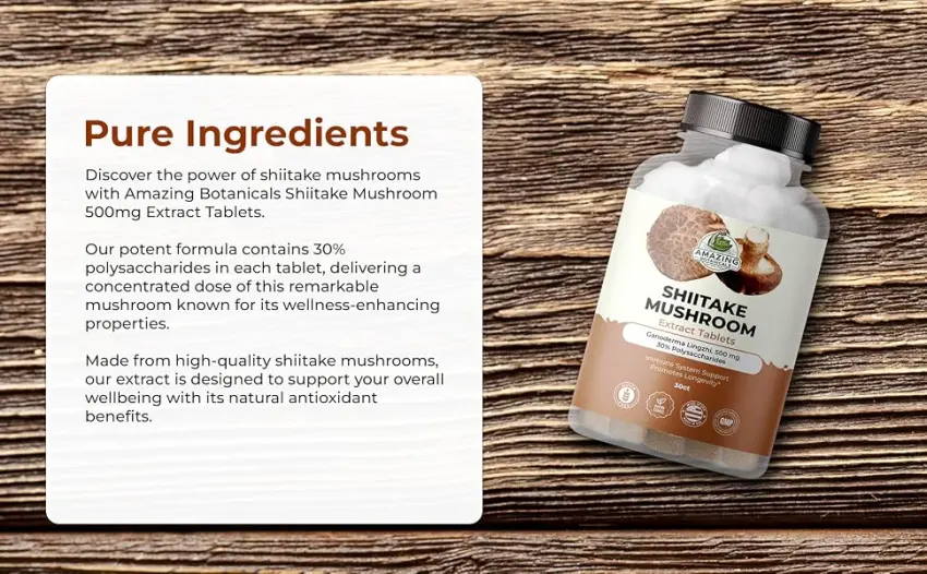 Amazing Botanicals Shiitake Mushroom 500mg Extract Tablets - 30% Polysaccharide - Natural Mushroom Complex for Overall Wellbeing - 30 Count - shiitake mushroom extract tablets