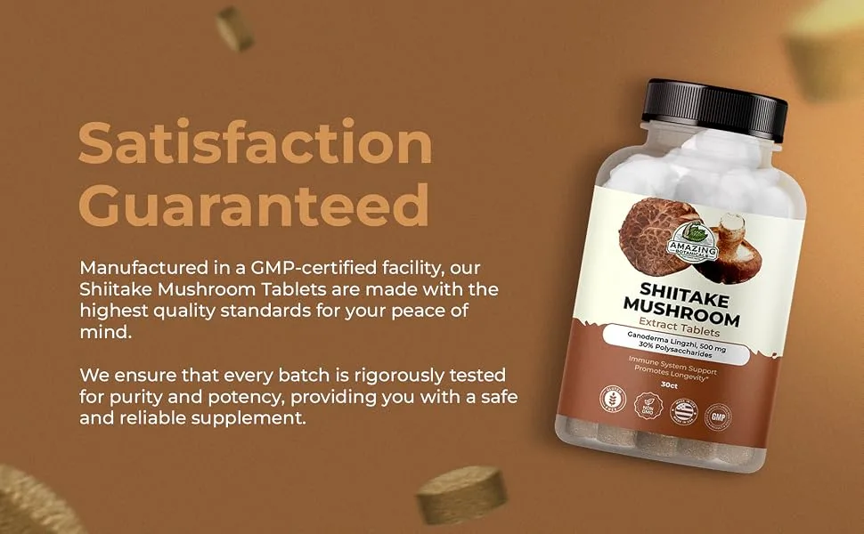 Amazing Botanicals Shiitake Mushroom 500mg Extract Tablets - 30% Polysaccharide - Natural Mushroom Complex for Overall Wellbeing - 30 Count - shiitake mushroom extract tablets