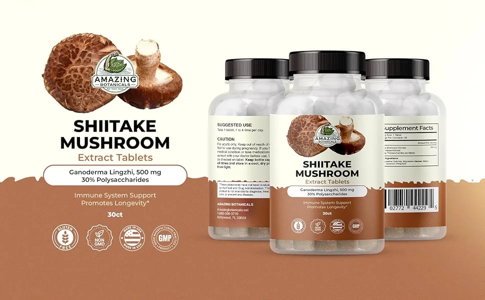 Amazing Botanicals Shiitake Mushroom 500mg Extract Tablets - 30% Polysaccharide - Natural Mushroom Complex for Overall Wellbeing - 30 Count - shiitake mushroom extract tablets