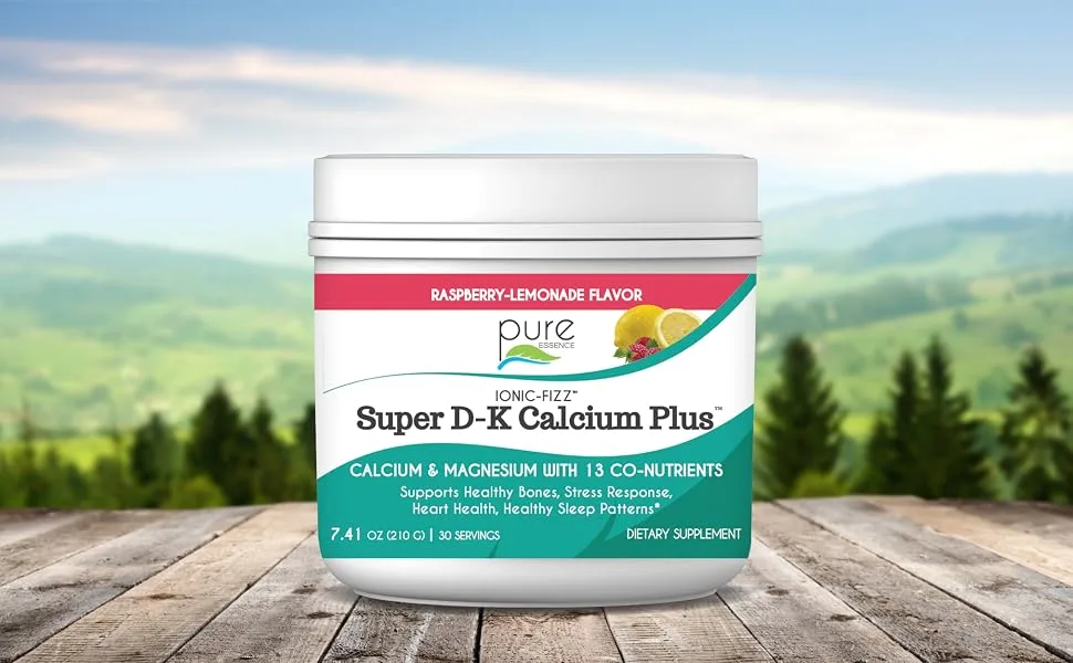 Ionic Fizz Super D-K Calcium Plus by Pure Essence - with Extra Magnesium, Vitamin D3, Vitamin K2 for Strong Bones and Stress Support - Raspberry Lemonade - 7.41oz Raspberry Lemon 7.41 Ounce (Pack of 1) - Strong Bones Calcium, Magnesium, Vitamin D and Vitamin K Powder