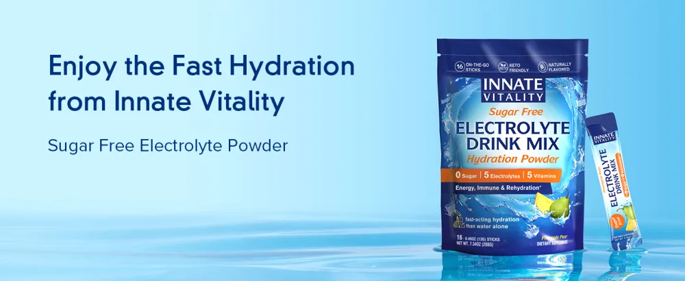 Innate Vitality Electrolytes Powder Packets, No Sugar, 5 Keto Electrolytes & Vitamins, Hydration Powder Packets, Easy to Dissolve, Natural Pineapple Pear Flavor, 16 Stickpacks - Innate Vitality Electrolyte Powder is sugar free.