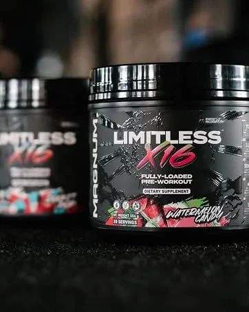 LIMITLESS Magnum Nutraceuticals x16 Fully Loaded Preworkout 20/40 Servings, Classic Candy Flavor, High-Energy, Focus, Strength & Endurance for Maximum Performance - candy