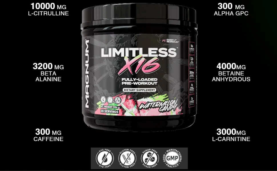 LIMITLESS Magnum Nutraceuticals x16 Fully Loaded Preworkout 20/40 Servings, Classic Candy Flavor, High-Energy, Focus, Strength & Endurance for Maximum Performance - limitless