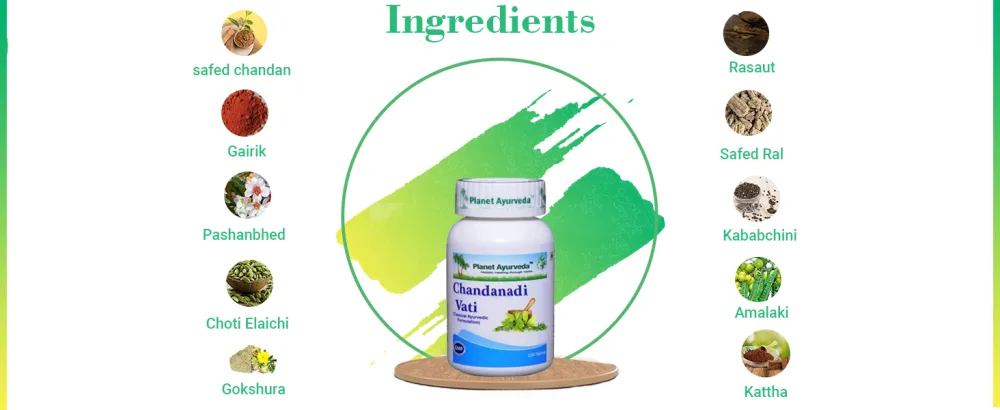 Planet Ayurveda Chandanadi Vati - 2 Bottles (Each 120 Tablets, 500mg) - Ayurvedic Remedy - Ingredients