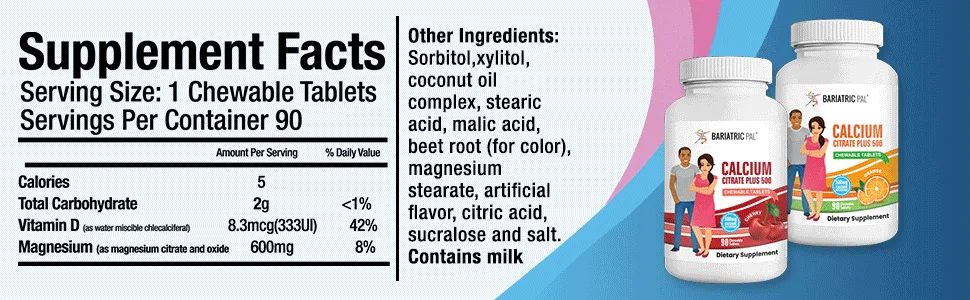 BariatricPal Calcium Citrate 500mg Chewable Tablets - Cherry (90-Day Supply) - Calcium Citrate Chewable Tablets Supplement Facts