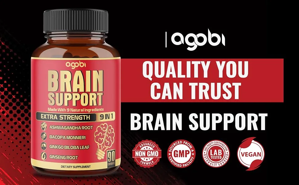 9in1 Brain Support Supplement - Concentrated Ashwagandha Root, Gotu Kola Powder, Bacopa Monnieri Powder and More - 90 Capsules - 3 Months Supply - A15. Agobi-Brain-Support-90caps