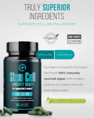 Premium Stem Cell Supplements 1,000mg (120 Caps) Boost Immunity, Reduce Joint Soreness, Support Natural Anti-Aging & Longevity with Spirulina & Chlorella for Vitality, Celulas Madre Health Formula - Stem cell 1000mg