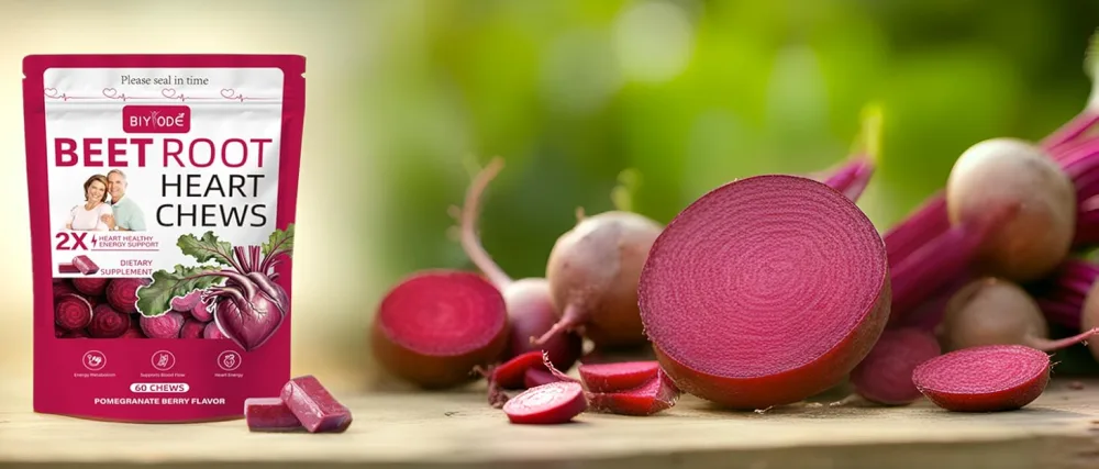 BIYODE Beet Root Chews for Circulation & Heart Support: 700mg Beet Root 250mg Grape Seed Extract Nitric Oxide Booster for Energy & Vitality Pomegranate Flavor Low Sugar Non-GMO 60 Soft Chews - beet root chews