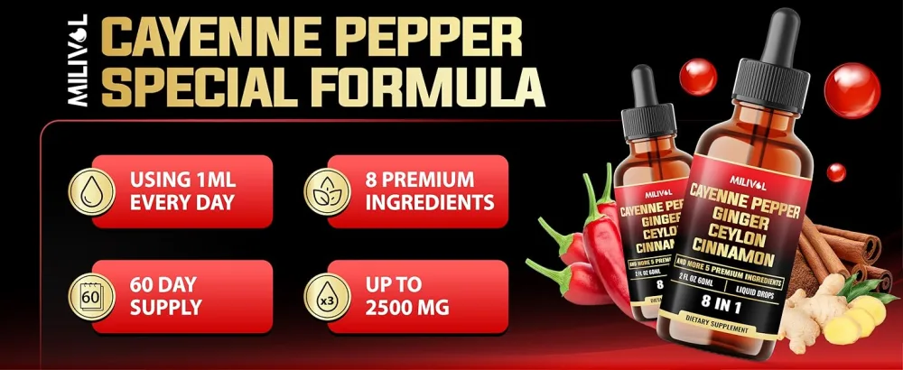 8in1 Cayenne Pepper Liquid Drops with Ginger, Ceylon Cinnamon and 5 More Herbals - Digestion, Circulatory Heath Support - 2 Fl Oz for 2 Months 2 Fl Oz (Pack of 1) - Mil9. Cayenne Liquid_160ml_2500mg