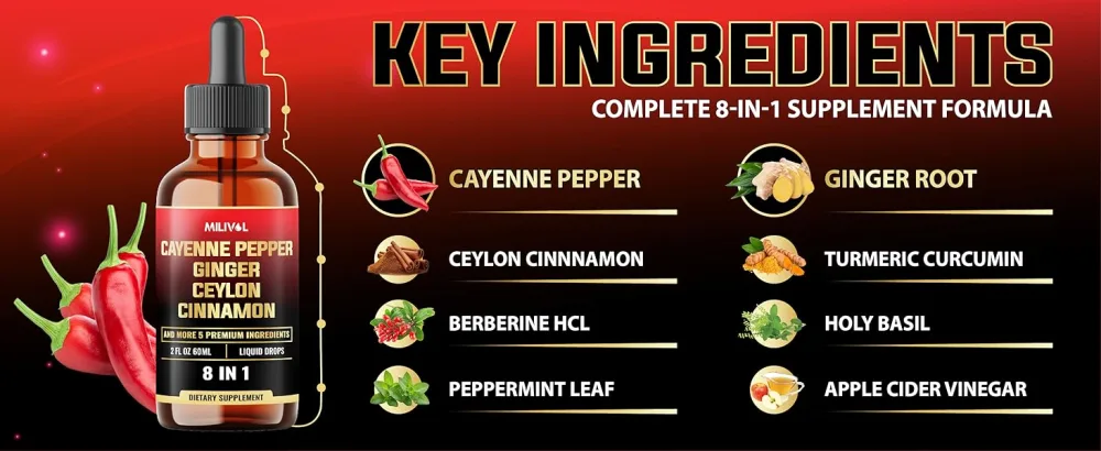 8in1 Cayenne Pepper Liquid Drops with Ginger, Ceylon Cinnamon and 5 More Herbals - Digestion, Circulatory Heath Support - 2 Fl Oz for 2 Months 2 Fl Oz (Pack of 1) - Mil9. Cayenne Liquid_160ml_2500mg