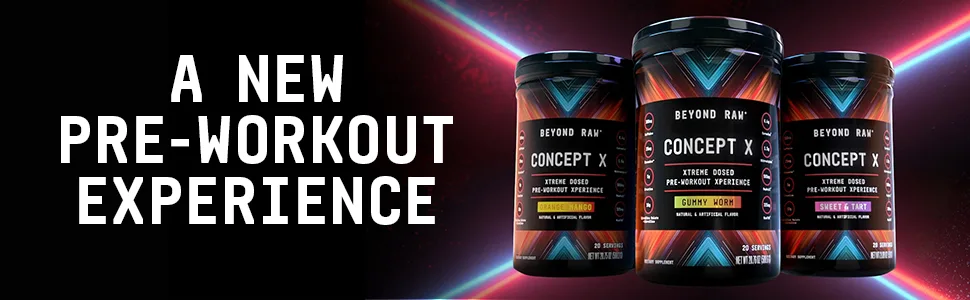 BEYOND RAW Concept X, Clinically Dosed Pre-Workout Powder, Contains Caffeine, L-Citrulline, Creatine, and Beta-Alanine, Gummy Worm Flavor, 20 Servings - Concept X Banner