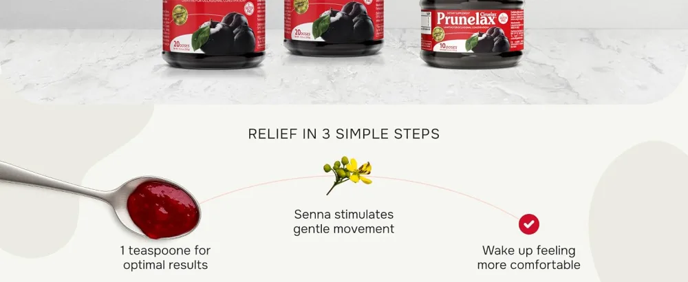 Prunelax/ Ciruelax Regular Strength Laxative Jam - Gluten-Free Natural-Ingredient Laxative for Occasional Constipation - 10.6 Oz - relief in 3 simple steps. take 1 teaspoon. wake up feeling more comfortable.
