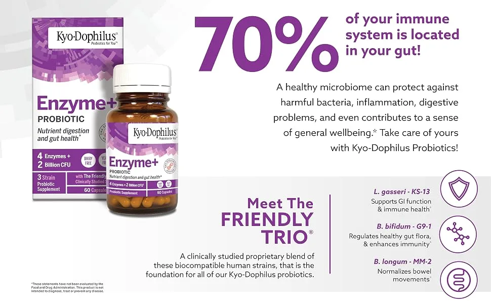 Kyolic Kyo-Dophilus Enzymes+ Probiotic Nutrient Digestion and Gut Health* 60 Capsules - Kyo-Dophilus, enzyme probiotic, digestion gut health