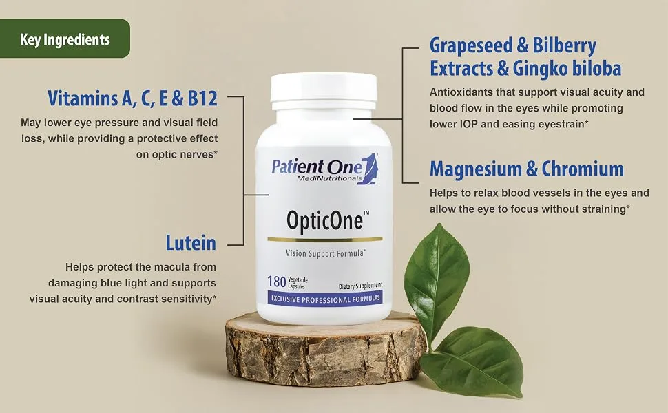 Patient One OpticOne | Supplement to Support Optic Nerve Health and Eyesight Function* | With Vitamins A and E Lutein ALA and More | 180 Capsules - OpticOne Ingredients