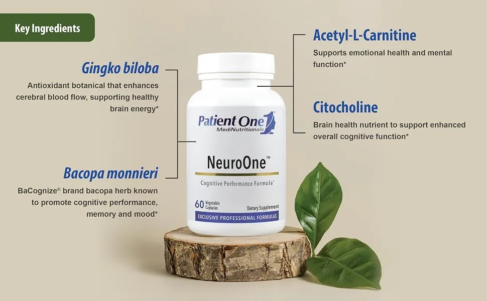 Patient One NeuroOne | Supplement to Support Memory Cognition Mood and Focus* | with Citicoline Acetyl-L-Carnitine Gingko and More | 60 Capsules - NeuroOne Ingredients