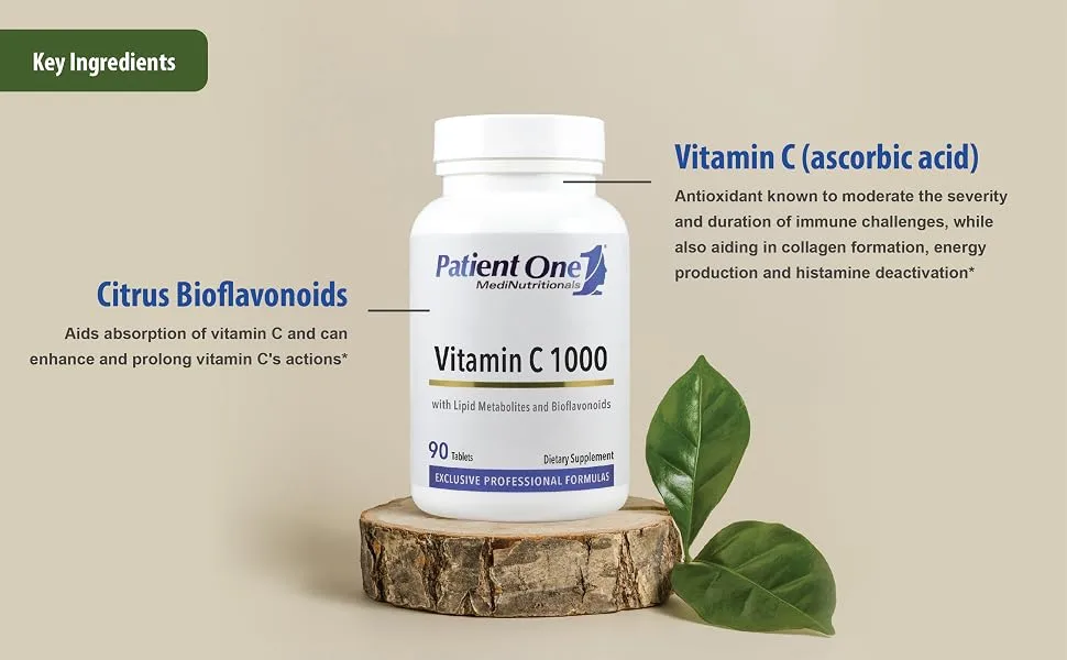 Patient One Vitamin C 1000 mg | Supplement to Support Immune System Health* | Lipid Matrix Plus Bioflavonoids for Enhanced Absorption | 90 Tablets - Vitamin C Ingredients