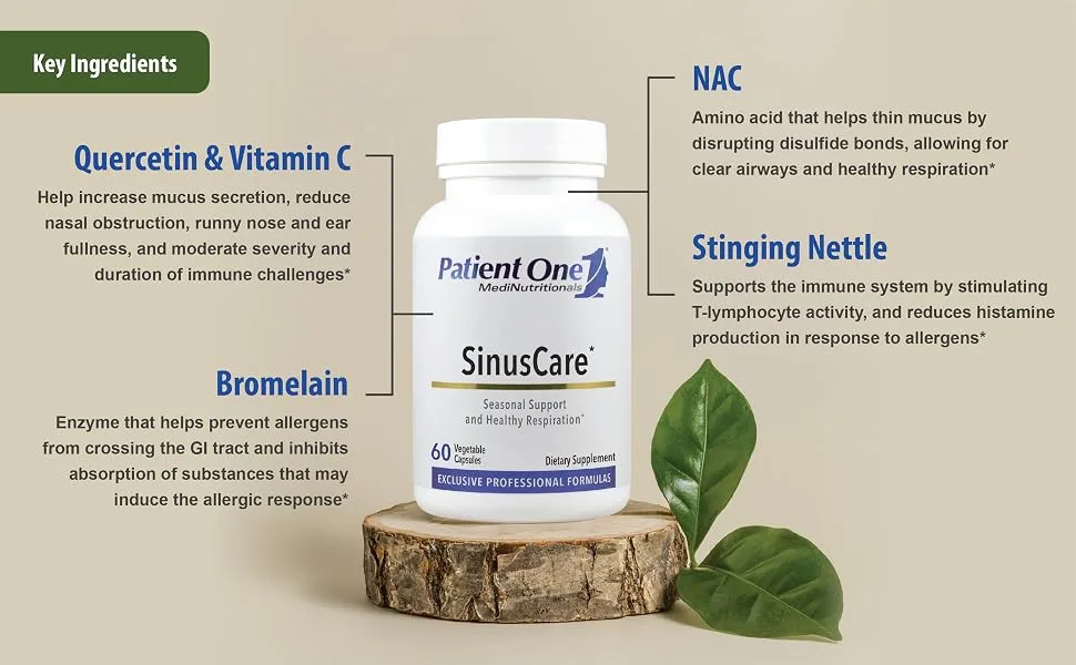 Patient One SinusCare | Supplement to Support Healthy Sinus Nasal Lung and Respiratory Function* | with NAC Quercetin and More | 60 Capsules - SinusCare Ingredients