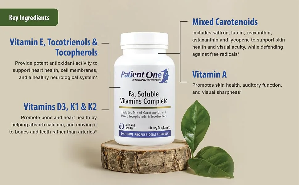 Patient One Fat Soluble Vitamins Complete | Supplement to Support Whole-Body Wellness* | with Vitamins A D E K Carotenoids and More | 60 Capsules - Fat Soluble Vitamins Ingredients